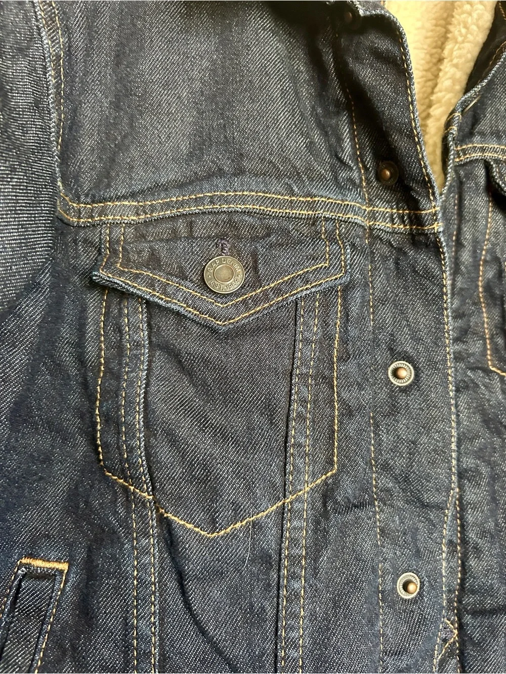 GAP Dark Blue Denim Sherpa-Lined Bomber Jacket with Cream Collar